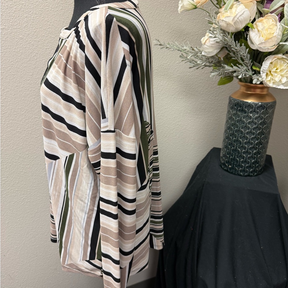 Dana Buchman Striped Split Neck Tunic Top Olive Black Cream XL - Picture 2 of 8